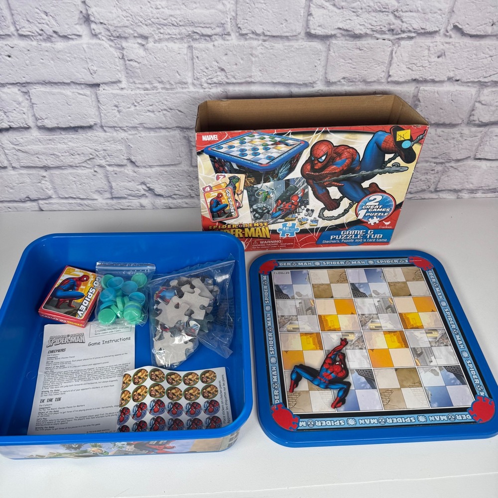 Marvel Spider-Man Game & Puzzle Tub Cardinal 2009 Checkers Puzzle Card Game NEW